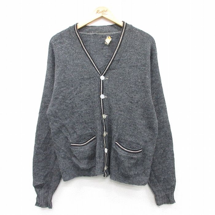 【50%OFF】M★古着 長袖 ビンテージ ニット カーディガン メンズ 70年代 70s アクリル 濃グレー 25feb28 中古 トップス