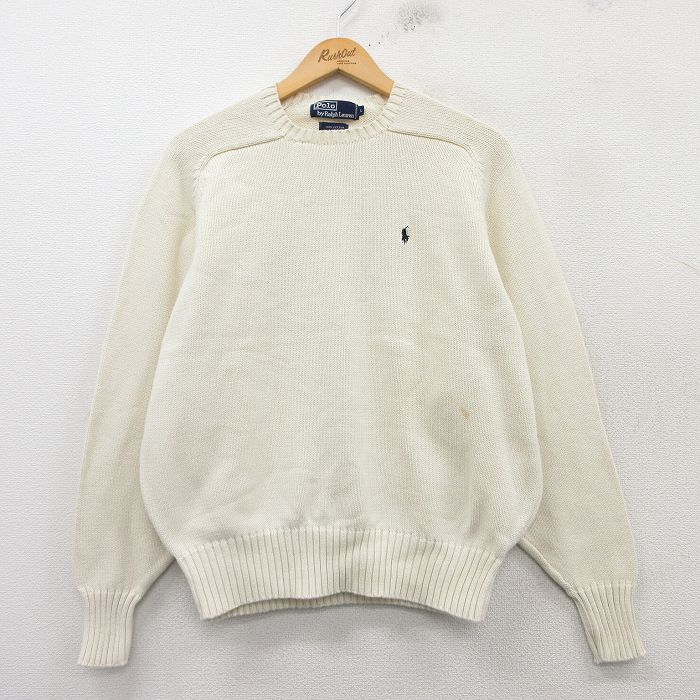 【50%OFF】L★古着 ラルフローレン Ralph Lauren 長袖 ブランド セーター メンズ 90年代 90s ワンポイントロゴ コットン クルーネック 白 ホワイト 25feb28 中古 ニット トップス