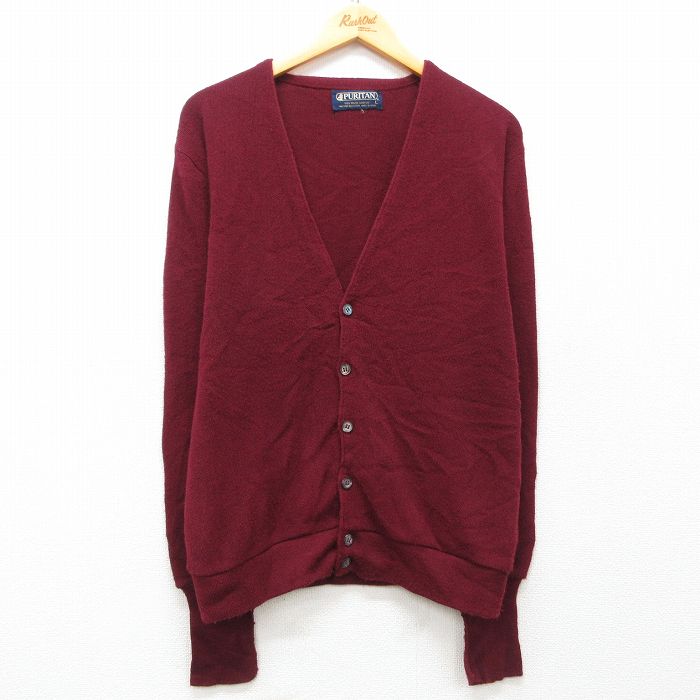 M★古着 ピューリタン 長袖 ニット カーディガン メンズ 80年代 80s 無地 アクリル USA製 エンジ 25mar01 中古 トップス