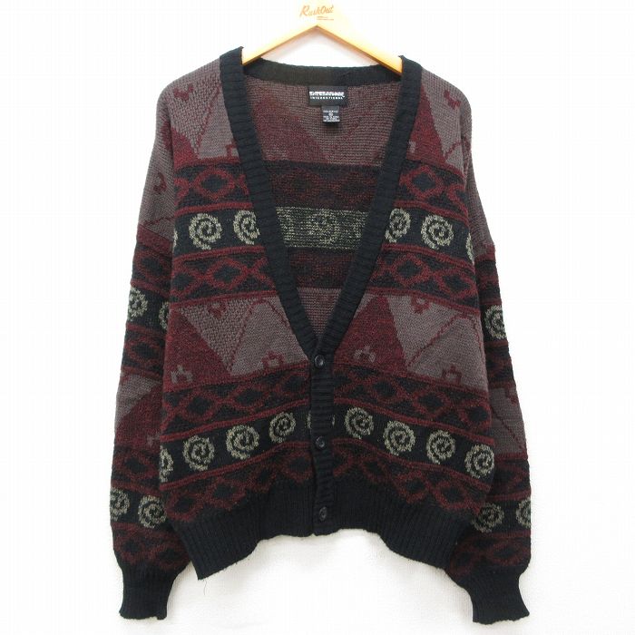 XL★古着 長袖 ニット カーディガン メンズ 90年代 90s アクリル 黒他 ブラック 【spe】 25mar01 中古 トップス