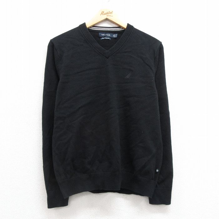 M★古着 ノーティカ NAUTICA 長袖 ブランド セーター メンズ ワンポイントロゴ Vネック 黒 ブラック 25mar01 中古 ニット トップス