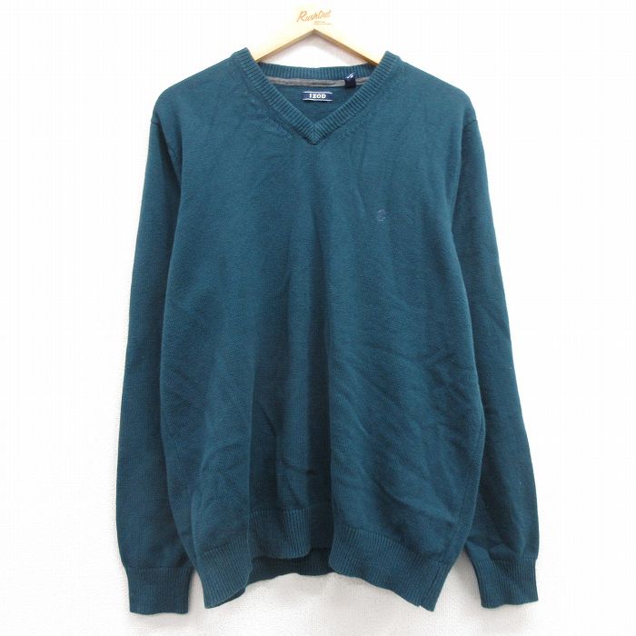 L★古着 IZOD 長袖 セーター メンズ ワンポイントロゴ Vネック 青緑 25mar01 中古 ニット トップス
