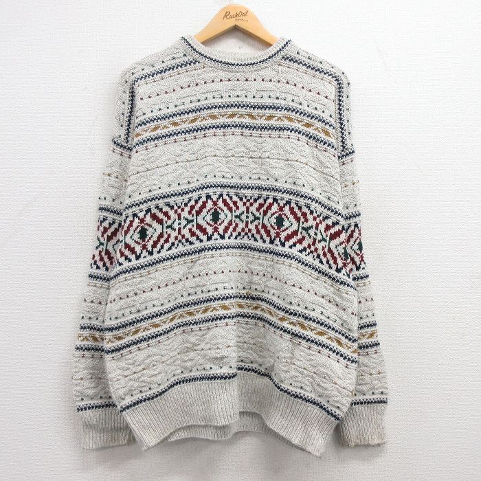 L★古着 バンヒューセン 長袖 セーター メンズ 90年代 90s コットン クルーネック USA製 薄グレー他 【spe】 25mar01 中古 ニット トップス