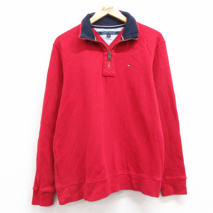 M★古着 トミーヒルフィガー TOMMY HILFIGER 長袖 ブランド ハーフジップ セーター メンズ ワンポイントロゴ コットン 赤 レッド 25mar01 中古 ニット トップス