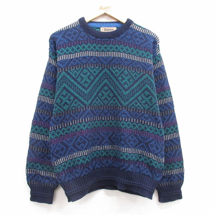 【50%OFF】M★古着 ジャンセン 長袖 セーター メンズ 90年代 90s クルーネック USA製 紺他 ネイビー 25mar01 中古 ニット トップス