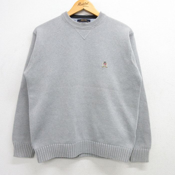 【20%OFF】L★古着 トミーヒルフィガー TOMMY HILFIGER 長袖 ブランド セーター メンズ 90年代 90s ワンポイントロゴ コットン クルーネック グレー 25mar01 中古 ニット トップス