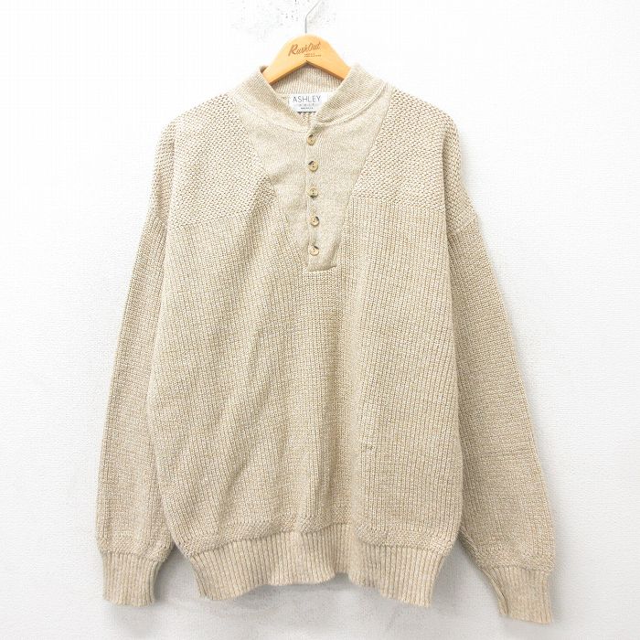 XL★古着 長袖 セーター メンズ 90年代 90s 無地 大きいサイズ コットン ヘンリーネック USA製 ベージュ カーキ 【spe】 25mar01 中古 ニット トップス