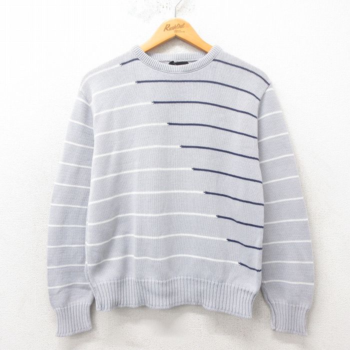 S★古着 ジャンセン 長袖 セーター メンズ 90年代 90s クルーネック USA製 グレー ボーダー 25mar01 中古 ニット トップス