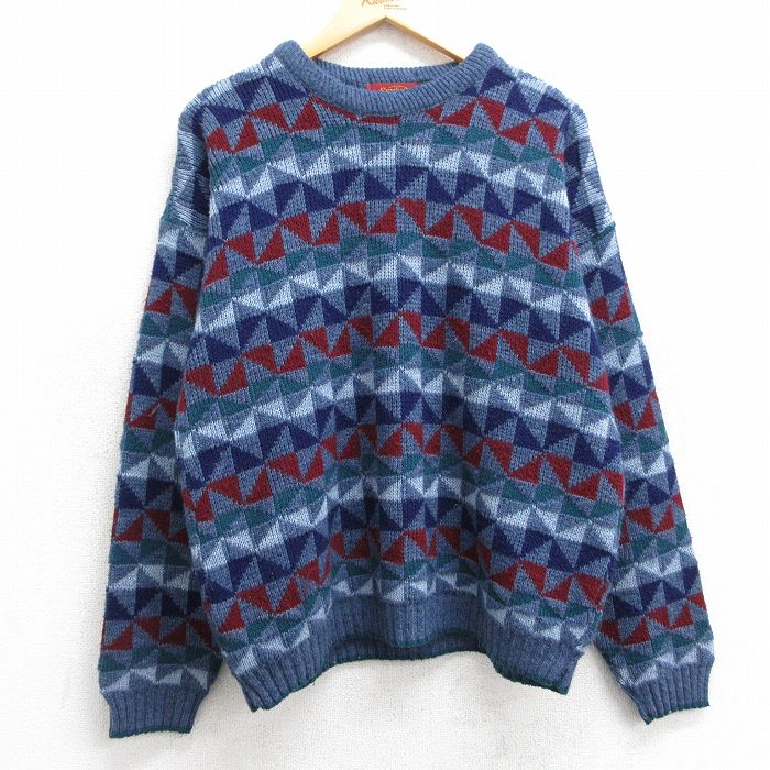 L★古着 長袖 セーター メンズ 90年代 90s アクリル クルーネック USA製 薄紺他 ネイビー 25mar05 中古 ニット トップス