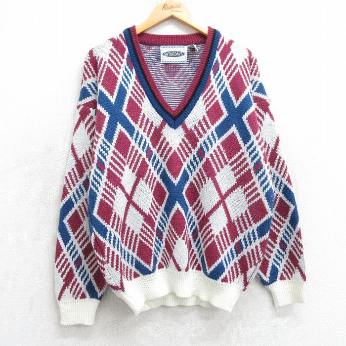 【20%OFF】M★古着 長袖 セーター メンズ 90年代 90s アクリル Vネック エンジ系他 25mar05 中古 ニット トップス