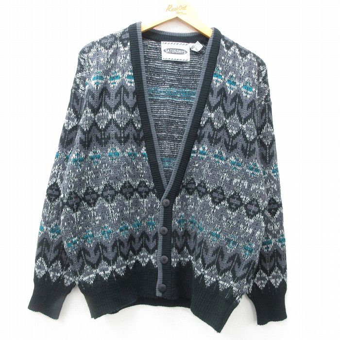 L★古着 長袖 ニット カーディガン メンズ 00年代 00s アクリル グレー他 25mar06 中古 トップス