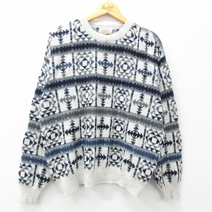 【50%OFF】L★古着 セントジョンズベイ 長袖 セーター メンズ 00年代 00s ネイティブ柄 ラグ柄 クルーネック 薄グレー他 【spe】 25mar06 中古 ニット トップス