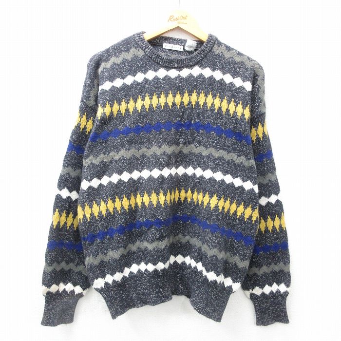 【50%OFF】L★古着 長袖 セーター メンズ 00年代 00s コットン クルーネック 黒他 ブラック 25mar06 中古 ニット トップス