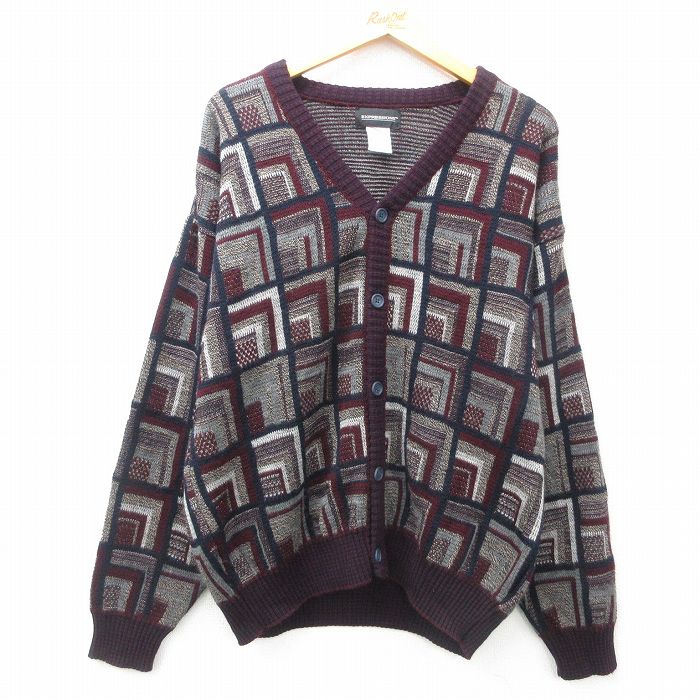 【50%OFF】L★古着 長袖 ニット カーディガン メンズ 90年代 90s アクリル エンジ他 25mar06 中古 トップス