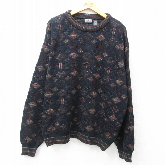 XL★古着 長袖 セーター メンズ 90年代 90s 大きいサイズ アクリル クルーネック 濃紺他 ネイビー 25mar06 中古 ニット トップス