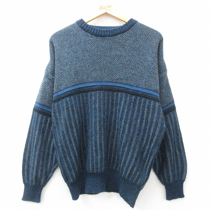 M★古着 長袖 セーター メンズ 00年代 00s アクリル クルーネック 紺他 ネイビー 25mar06 中古 ニット トップス