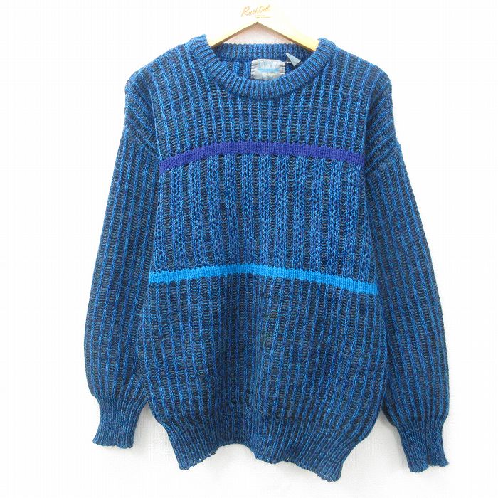 M★古着 長袖 セーター メンズ 90年代 90s アクリル クルーネック 青他 ブルー 25mar06 中古 ニット トップス