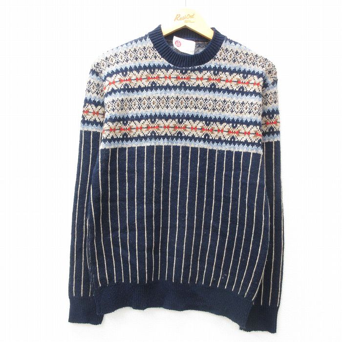 【50%OFF】S★古着 シアーズ 長袖 セーター メンズ 70年代 70s アクリル クルーネック 濃紺他 ネイビー 25mar06 中古 ニット トップス