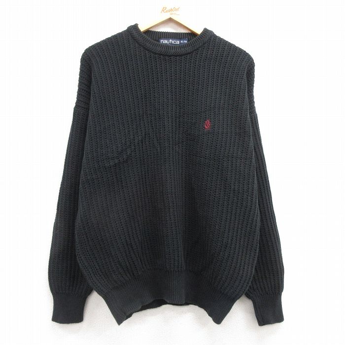 【50%OFF】L★古着 ノーティカ NAUTICA 長袖 ブランド セーター メンズ 90年代 90s ワンポイントロゴ コットン クルーネック 黒 ブラック 25mar06 中古 ニット トップス