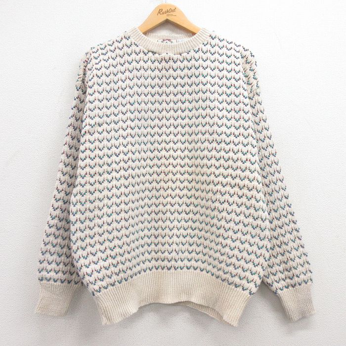 【20%OFF】L★古着 シアーズ 長袖 セーター メンズ 90年代 90s クルーネック USA製 生成り 25mar06 中古 ニット トップス