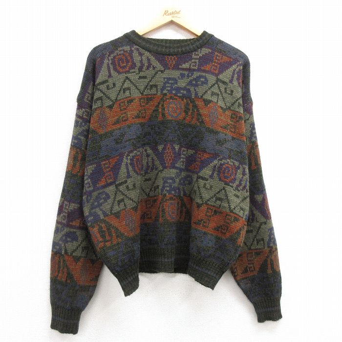 XL★古着 シアーズ 長袖 セーター メンズ 90年代 90s ネイティブ柄 ラグ柄 アクリル クルーネック 緑他 グリーン 【spe】 25mar06 中古 ニット トップス