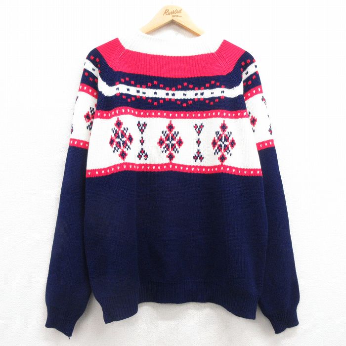XL★古着 JCペニー 長袖 ノルディック セーター メンズ 80年代 80s ラグラン アクリル モックネック ハイネック 白他 ホワイト 25mar06 中古 ニット トップス