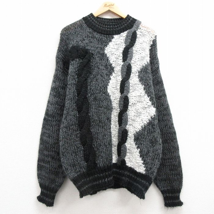 【20%OFF】XL★古着 長袖 ケーブル セーター メンズ 90年代 90s アクリル モックネック ハイネック グレー他 25mar06 中古 ニット トップス
