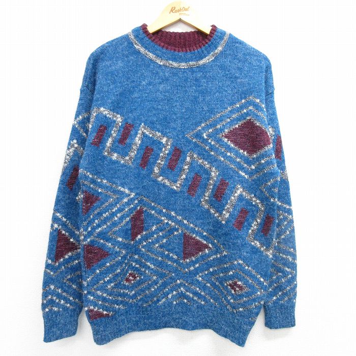 【50%OFF】M★古着 ルティグレ 長袖 セーター メンズ 80年代 80s モックネック ハイネック USA製 青他 ブルー 25mar07 中古 ニット トップス