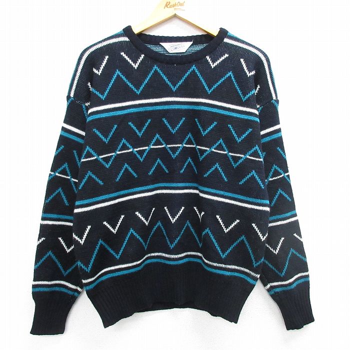 L★古着 長袖 セーター メンズ 90年代 90s クルーネック 黒他 ブラック 25mar07 中古 ニット トップス