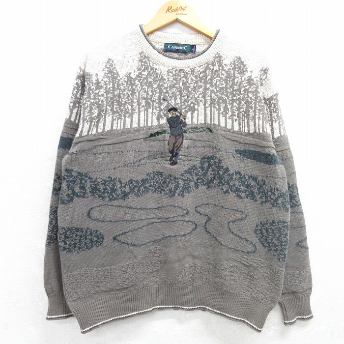 L★古着 長袖 セーター メンズ 90年代 90s ゴルフ 刺繍 クルーネック USA製 グレー系他 25mar07 中古 ニット トップス
