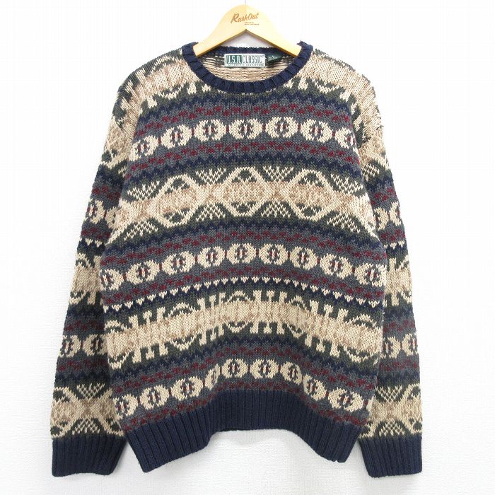 【50%OFF】L★古着 長袖 セーター メンズ 00年代 00s クルーネック 紺他 ネイビー 25mar07 中古 ニット トップス