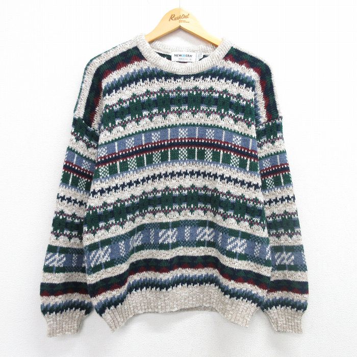 L★古着 ニューエラ 長袖 セーター メンズ 90年代 90s アクリル クルーネック USA製 緑他 グリーン 【spe】 25mar07 中古 ニット トップス