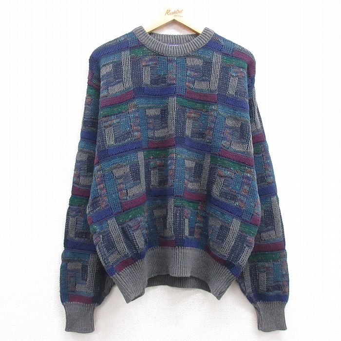 XL★古着 長袖 セーター メンズ 90年代 90s コットン クルーネック USA製 紺他 ネイビー 25mar07 中古 ニット トップス