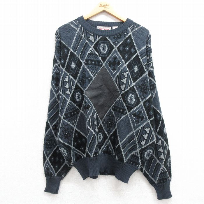 【50%OFF】XL★古着 キャンパス 長袖 セーター メンズ 00年代 00s ネイティブ柄 ラグ柄 レザー使用 アクリル クルーネック 紺他 ネイビー 【spe】 25mar07 中古 ニット トップス