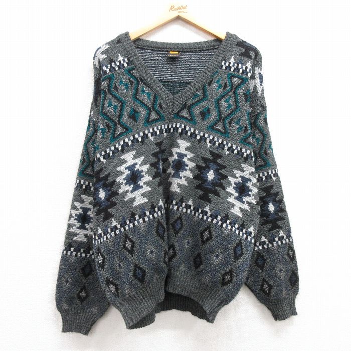 L★古着 長袖 セーター メンズ ネイティブ柄 ラグ柄 アクリル Vネック グレー他 25mar07 中古 ニット トップス