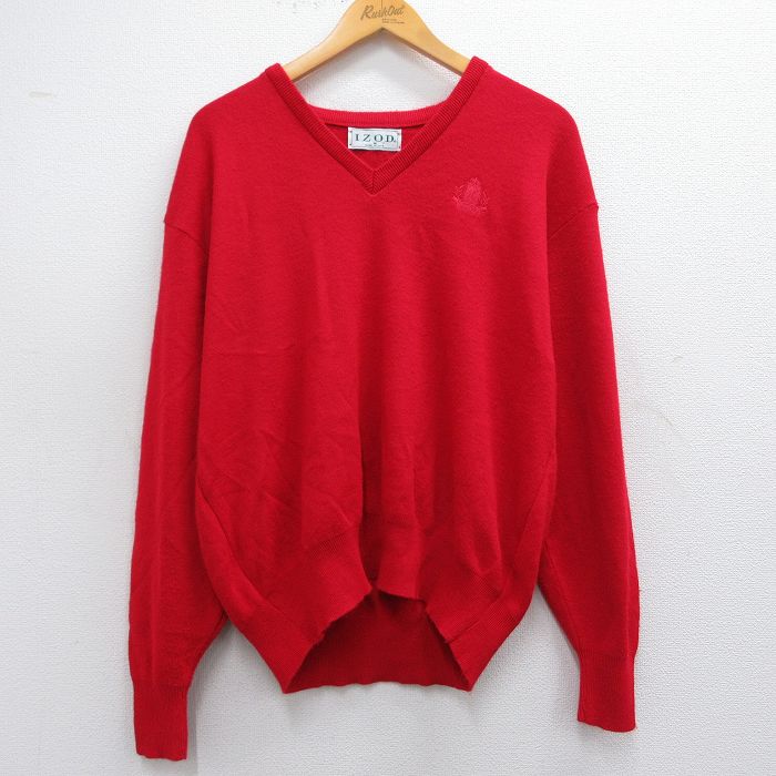 【50%OFF】L★古着 IZOD 長袖 セーター メンズ 90年代 90s ワンポイントロゴ アクリル Vネック USA製 赤 レッド 25mar07 中古 ニット トップス