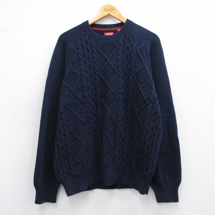 L★古着 IZOD 長袖 ケーブル セーター メンズ コットン クルーネック 紺 ネイビー 25mar07 中古 ニット トップス
