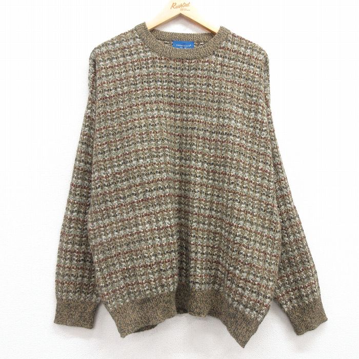 【20%OFF】XL★古着 タウンクラフト 長袖 セーター メンズ 90年代 90s クルーネック ベージュ他 カーキ 25mar08 中古 ニット トップス