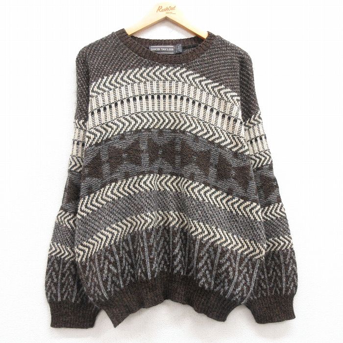 XL★古着 長袖 セーター メンズ 90年代 90s アクリル クルーネック USA製 茶他 ブラウン 【spe】 25mar08 中古 ニット トップス