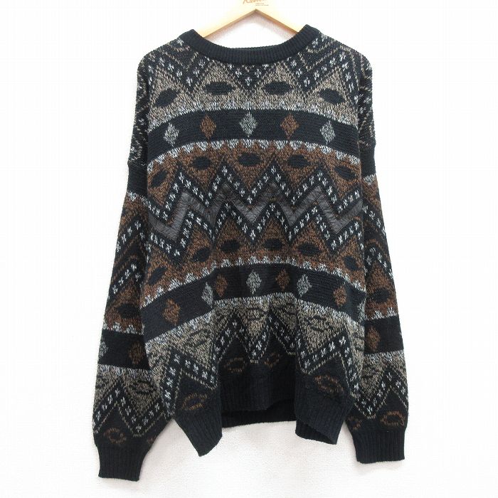 【50%OFF】XL★古着 長袖 セーター メンズ 00年代 00s レザー使用 アクリル クルーネック 黒他 ブラック 25mar08 中古 ニット トップス