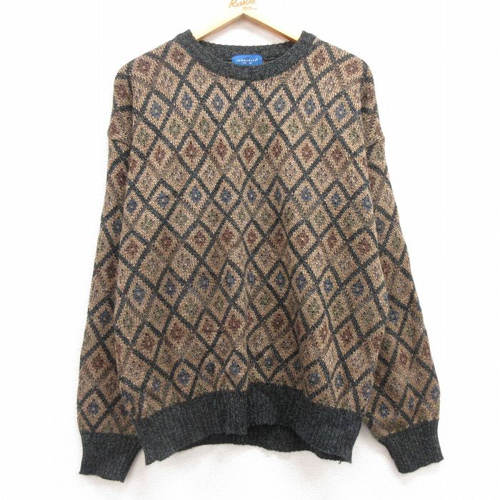 【20%OFF】L★古着 タウンクラフト 長袖 セーター メンズ 90年代 90s アクリル クルーネック 茶他 ブラウン 25mar08 中古 ニット トップス