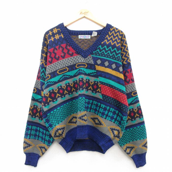 XL★古着 長袖 セーター メンズ 00年代 00s アクリル Vネック 紺他 ネイビー 25mar10 中古 ニット トップス
