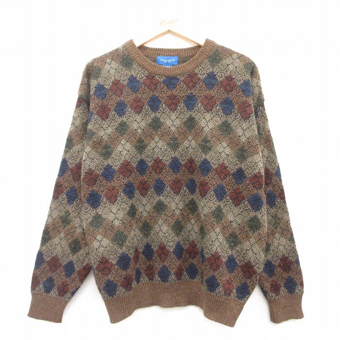 L★古着 タウンクラフト 長袖 セーター メンズ 90年代 90s アクリル クルーネック 濃茶他 ブラウン 25mar10 中古 ニット トップス