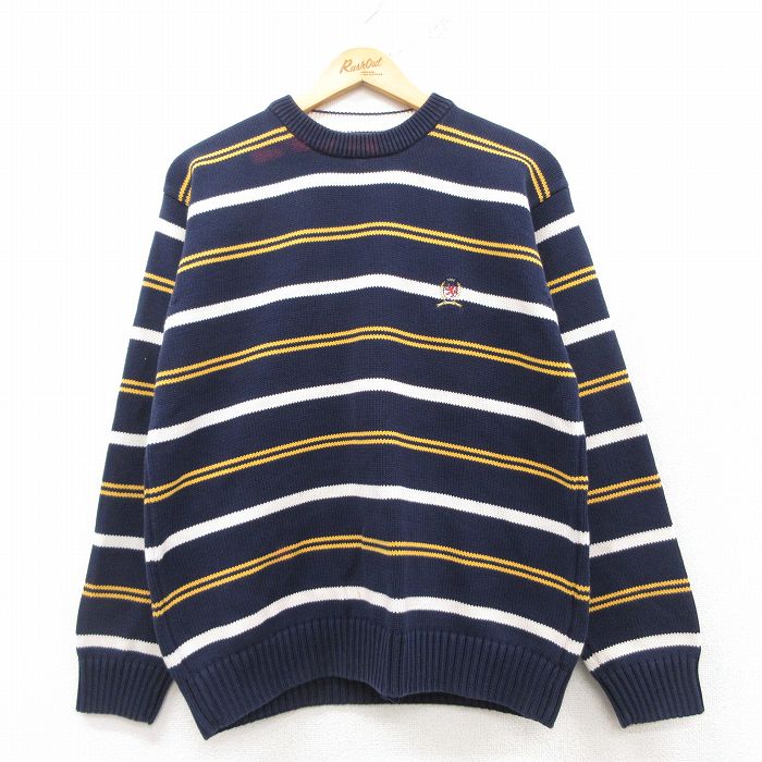 L★古着 トミーヒルフィガー TOMMY HILFIGER 長袖 ブランド セーター メンズ 90年代 90s ワンポイントロゴ コットン クルーネック 紺他 ネイビー 25mar10 中古 ニット トップス