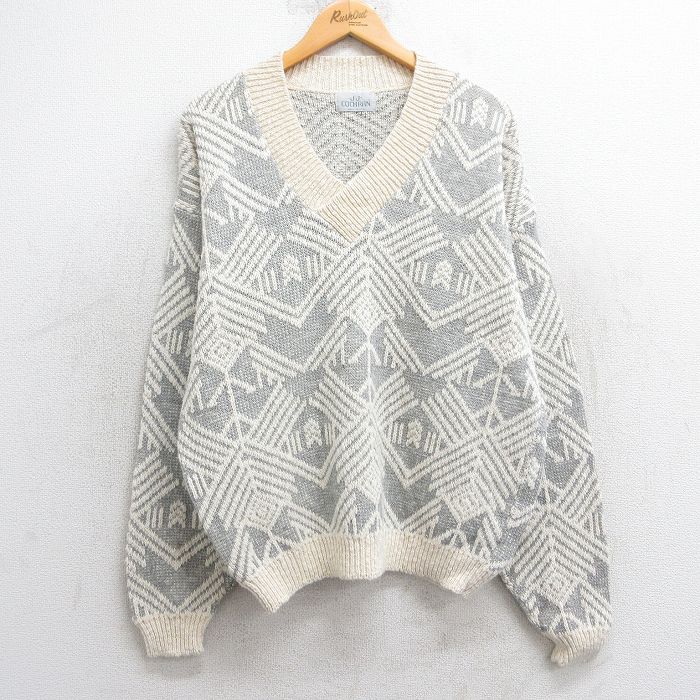 【50%OFF】XL★古着 長袖 セーター メンズ 90年代 90s コットン Vネック USA製 グレー他 【spe】 25mar10 中古 ニット トップス