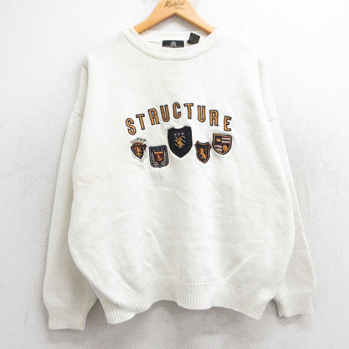 【50%OFF】XL★古着 STRUCTURE 長袖 セーター メンズ 00年代 00s ビッグロゴ 大きいサイズ クルーネック 白 ホワイト 25mar10 中古 ニット トップス