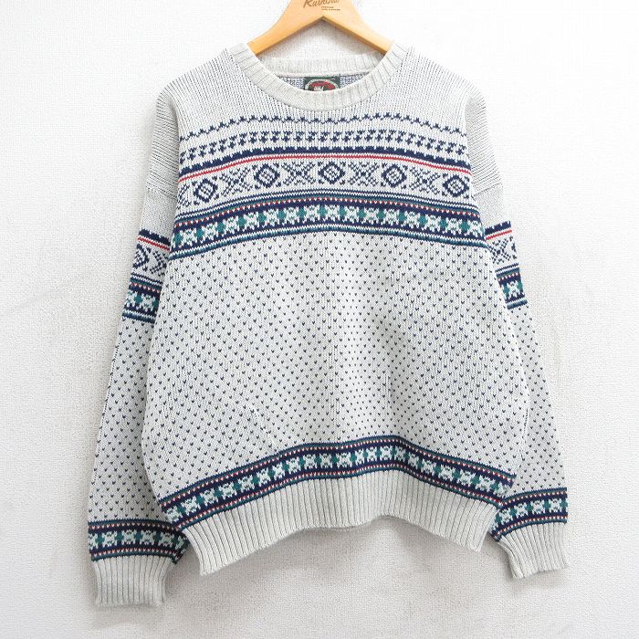 XL★古着 長袖 セーター メンズ 90年代 90s バーズアイ クルーネック 薄グレー他 25mar10 中古 ニット トップス