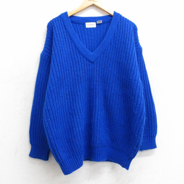 XL★古着 長袖 セーター メンズ 90年代 90s 無地 大きいサイズ アクリル Vネック 青 ブルー 25mar10 中古 ニット トップス