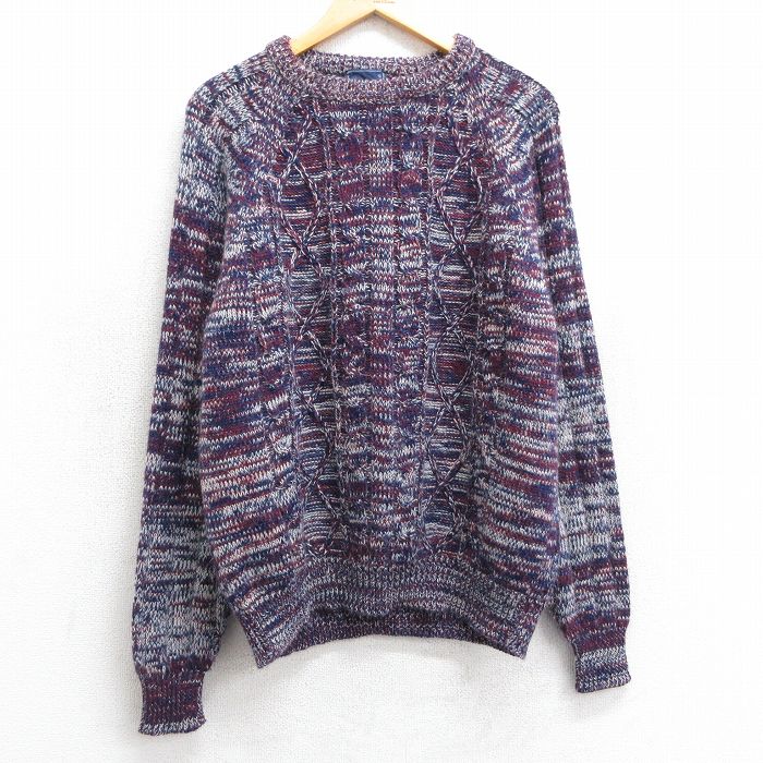 L★古着 長袖 ケーブル セーター メンズ 90年代 90s ラグラン アクリル クルーネック エンジ他 25mar10 中古 ニット トップス