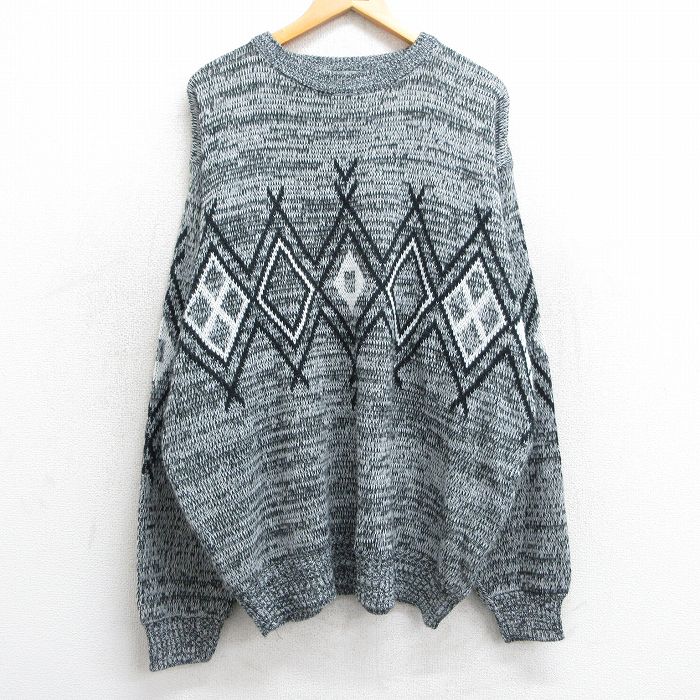 XL★古着 長袖 セーター メンズ 90年代 90s 大きいサイズ クルーネック 黒他 ブラック 25mar10 中古 ニット トップス